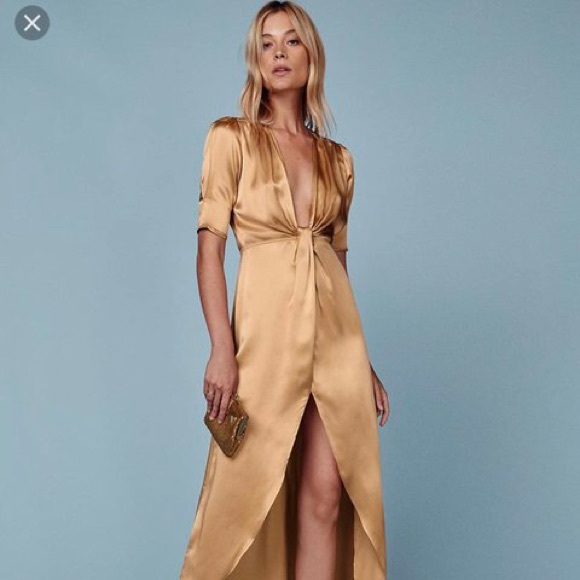 Reformation Dresses & Skirts - Reformation gold silk dress plunge neck gown 2